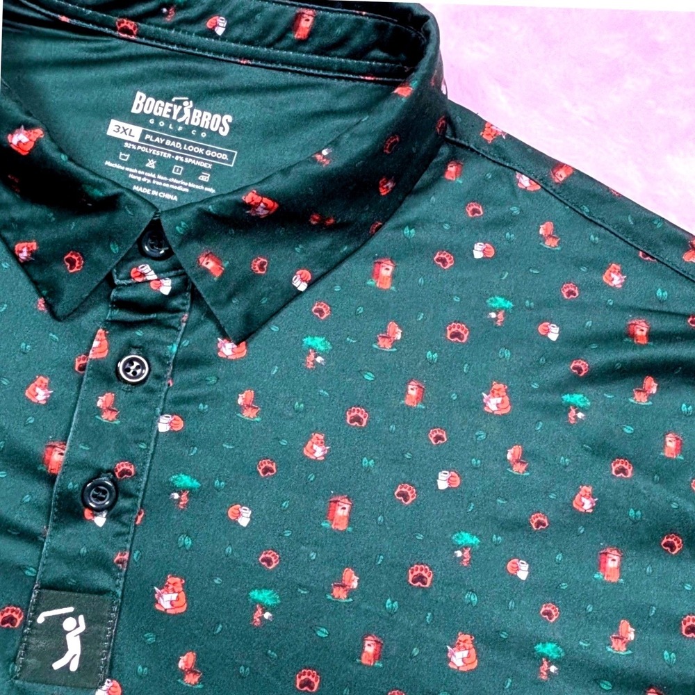 Bogey Bros Golf Polo Shirt Men 3XL Green Bear Nature Calls Performance Short Slv